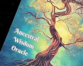 May include: A black velvet drawstring bag next to an oracle card. The card features a detailed illustration of a tree with exposed roots and the text "Ancestral Wisdom Oracle" and "Star Soul". The background is a mix of blue and yellow.