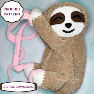 May include: Crochet pattern for a brown sloth backpack with a pink strap. The sloth has a white face with brown eyes and a black mouth. The pattern is a digital download.