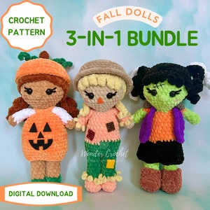 May include: A crochet pattern bundle for three fall dolls: a pumpkin doll, a scarecrow doll, and a Frankenstein doll. The dolls are made with yarn in shades of orange, green, brown, and purple. The pattern is a digital download.