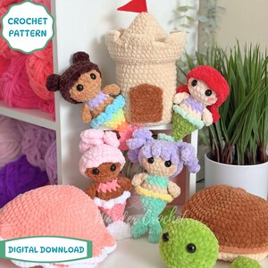 May include: A collection of crochet mermaid dolls, a castle, and other crochet items. The dolls have colorful skirts and hair. The castle is beige with a red flag. The image includes the text "CROCHET PATTERN" and "DIGITAL DOWNLOAD".