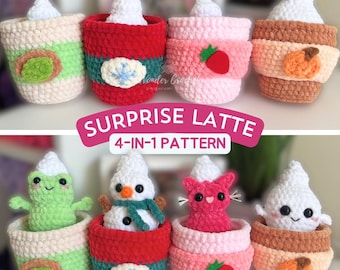 Surprise Latte Crochet Pattern Bundle PDF – 4 in 1 Amigurumi Drinks with Hidden Friends