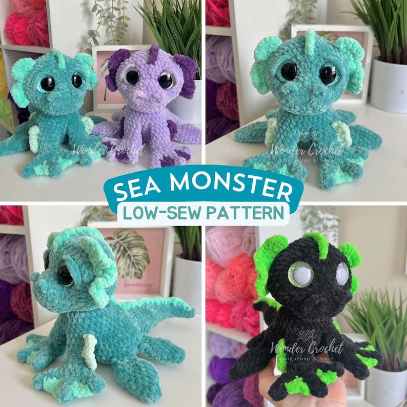 Peut inclure: Un collage de quatre peluches de monstres marins crochet&eacute;s de diff&eacute;rentes couleurs : teal, violet et noir avec des accents verts. Le texte "SEA MONSTER LOW-SEW PATTERN" est affich&eacute; sur une banni&egrave;re bleue.