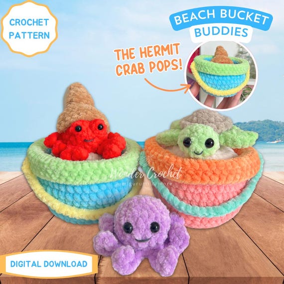 Beach Bucket Buddies Crochet Pattern – Popping Hermit Crab, Amigurumi PDF, Low-Sew Crochet