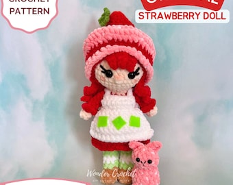 Strawberry Doll Crochet Pattern: Amigurumi Plush with Kitten (PDF Pattern)
