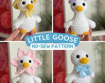 Patrón de ganchillo para ganso pequeño sin costuras: mini ganso de peluche con divertidos accesorios.