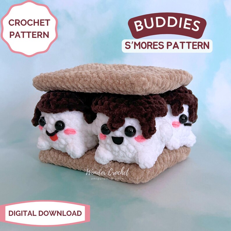 K&ouml;nnte beinhalten: H&auml;kelanleitung f&uuml;r die Herstellung eines S'mores-Buddy-Amigurumi. Die Anleitung enth&auml;lt drei S'mores-Buddies, jeweils mit einer braunen Schokoladenspitze, einem wei&szlig;en Marshmallow-K&ouml;rper und einem Graham-Cracker-Boden. Die Anleitung hei&szlig;t "Buddies S'mores Pattern" und ist ein digitaler Download.