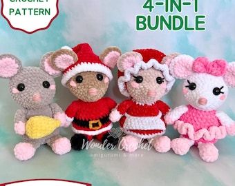 May include: Four crochet mouse amigurumi patterns in a bundle. The mice are dressed in Christmas outfits: Santa, Mrs. Claus, a pink dress, and a gray mouse holding a yellow carrot.