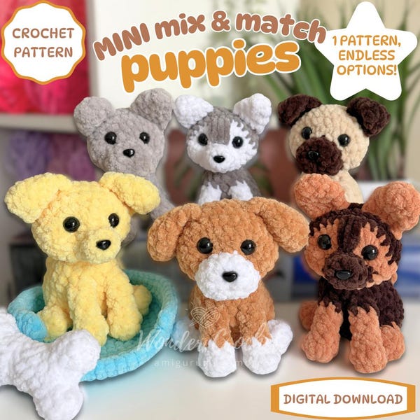 MINI Mix and Match Puppy Crochet Pattern – Amigurumi PDF, Dog Plush, Low-Sew + Fun Accessories