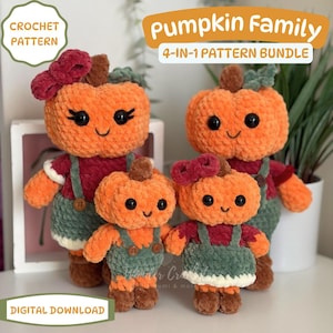 Pumpkin Family Crochet Pattern – 4-in-1 Amigurumi Bundle, Adorable Fall Plushies