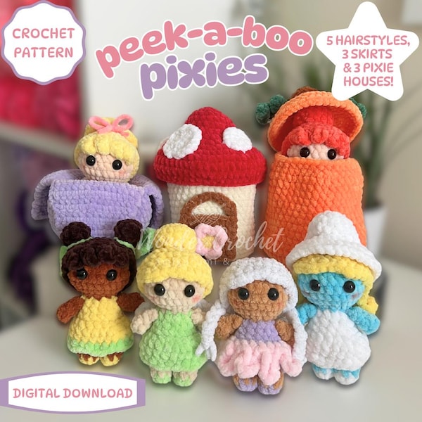 Wzór szydełkowy na figurki Peek-a-boo Pixies – Miniaturowe lalki i domki wróżek | Zestaw amigurumi z możliwością personalizacji