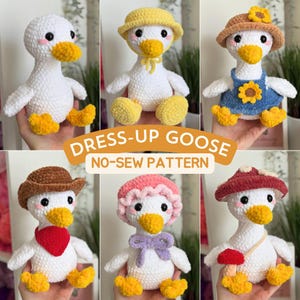 May include: A collection of six handmade crochet geese, each with unique outfits. The geese are white with yellow beaks and feet. The outfits include hats, a bandana, and a dress. The text "DRESS-UP GOOSE NO-SEW PATTERN" is displayed.