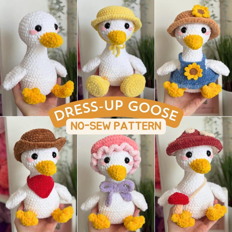 Peut inclure: Six oies crochet&eacute;es, chacune avec une tenue diff&eacute;rente. Les oies sont blanches avec des becs et des pieds jaunes. Les tenues comprennent des chapeaux, un bandana et une robe. Le texte "DRESS-UP GOOSE NO-SEW PATTERN" est affich&eacute;.