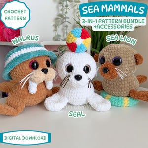 May include: Crochet pattern bundle featuring three sea mammal designs: a walrus, a seal, and a sea lion. The walrus is brown with a blue and white hat. The seal is white, and the sea lion is brown. Each has large, expressive eyes. The image includes the text "Sea Mammals".