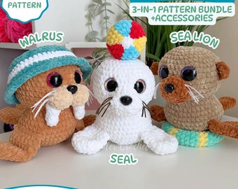 Bundel met 3-in-1 gehaakt PATROON zeezoogdieren - amigurumi zeehond, walrus en zeeleeuw