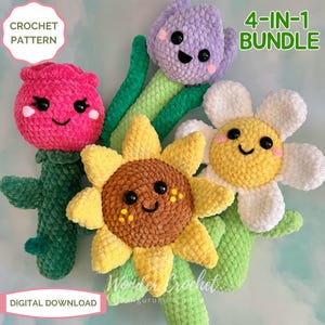 以下が含まれることがあります： 4つの異なる花のデザインが特徴の、かぎ針編みのパターンバンドルです。ピンクのバラ、紫のチューリップ、黄色のデイジー、茶色のひまわりです。各花は笑顔の顔をしていて、緑の茎に付いています。画像の右上に「4-IN-1 BUNDLE」というテキストが表示されています。