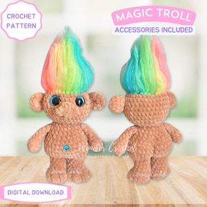 Peut inclure: Deux poupées trolls au crochet avec des cheveux arc-en-ciel et des yeux bleus. Les poupées sont marron avec de petits bras, jambes et oreilles. Le texte sur l'image indique "Crochet Pattern", "Magic Troll Accessories Included" et "Digital Download".