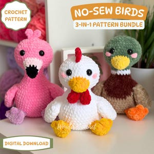 May include: Three plush crochet birds including a pink flamingo, a white chicken with a red comb and wattle, and a brown and green mallard duck. Text on the image reads: CROCHET PATTERN, NO-SEW BIRDS, 3-IN-1 PATTERN BUNDLE, and DIGITAL DOWNLOAD.