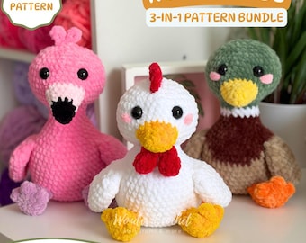 May include: Three plush crochet birds including a pink flamingo, a white chicken with a red comb and wattle, and a brown and green mallard duck. Text on the image reads: CROCHET PATTERN, NO-SEW BIRDS, 3-IN-1 PATTERN BUNDLE, and DIGITAL DOWNLOAD.
