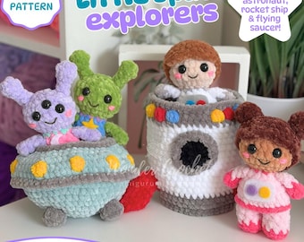 Haakpatronenpakket voor kleine ruimteverkenners – Alien, astronaut, raket en vliegende schotel | Amigurumi-pakket met aanpasbare opties