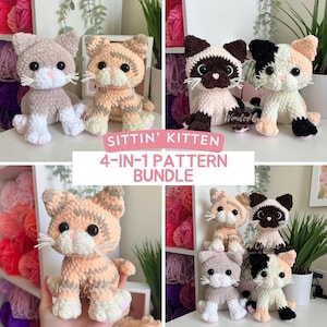 Puede incluir: Paquete de patrones de crochet para hacer cuatro diferentes juguetes amigurumi de gatitos sentados. El patrón incluye instrucciones para un gatito calico, un gatito tabby, un gatito siamés y un gatito tuxedo.
