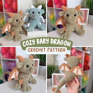 May include: Several crocheted baby dragons are shown, in shades of green and blue, with tan wings and horns. The text "COZY BABY DRAGON CROCHET PATTERN" is displayed in a green banner.