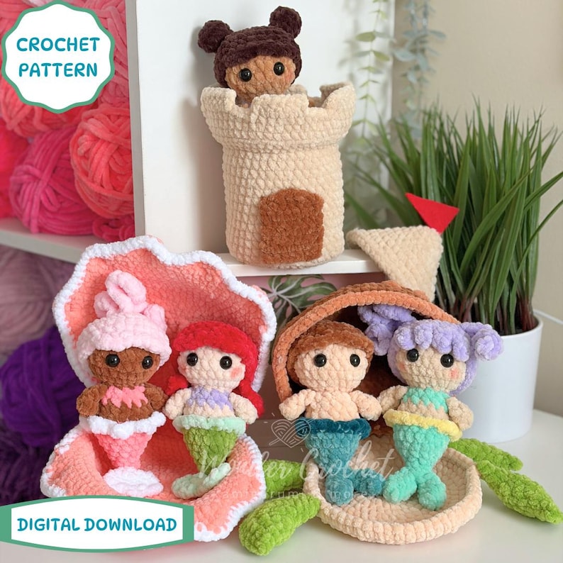 Hide-and-Sea Mermaids Crochet Pattern – Mini Mermaid Dolls & Homes | Amigurumi Bundle with Customizable Options image 2