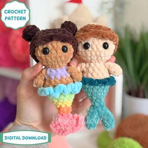 May include: Two handmade crochet mermaid dolls. One doll has brown hair and a rainbow tail, the other has light brown hair and a teal tail. The dolls have black button eyes and are wearing tops. The image includes the text "CROCHET PATTERN" and "DIGITAL DOWNLOAD".