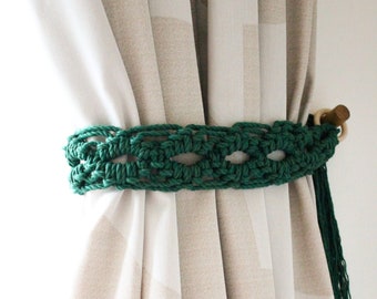 Dagny Pine Green Macrame Curtain Tie Back, Boho Curtain Holdbacks, Curtain Holder, Handmade, Eco Friendly, Recycled Cotton