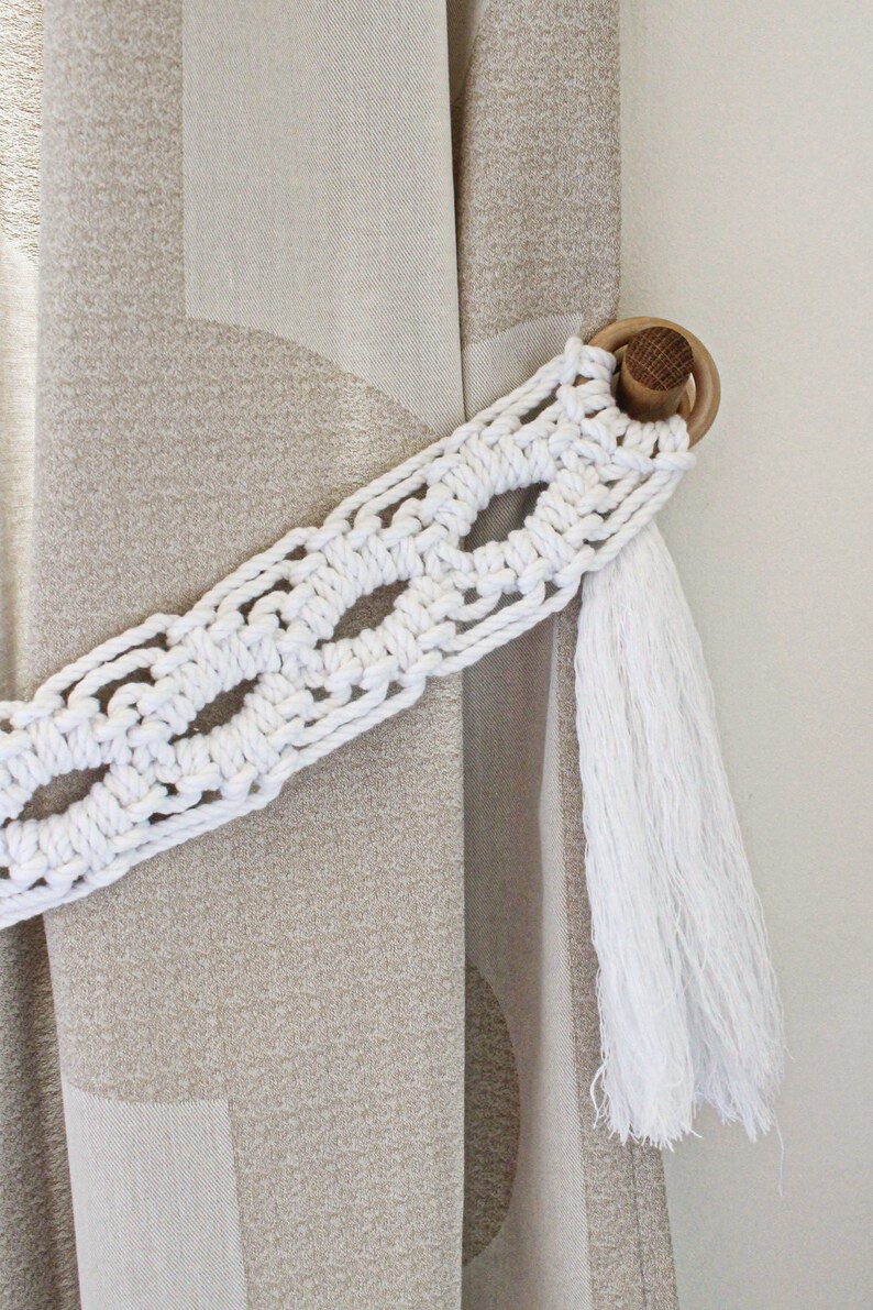 Dagny White Macrame Curtain Tie Back, Boho Curtain Holdbacks, Curtain