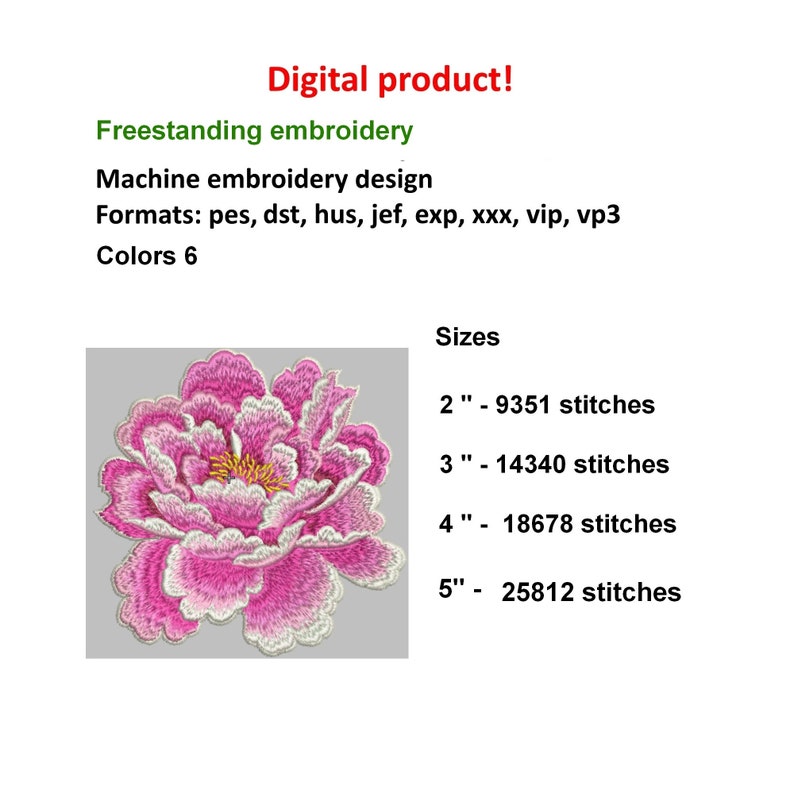 Instant Download FSL Peony flower 4 sizes 2-5 Machine Embroidery Design