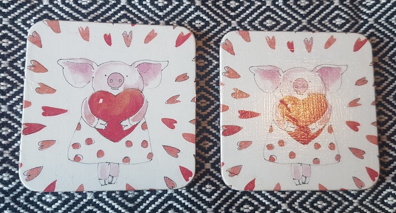 Decoupage Piggy Love Design Square Cork Coaster Pair