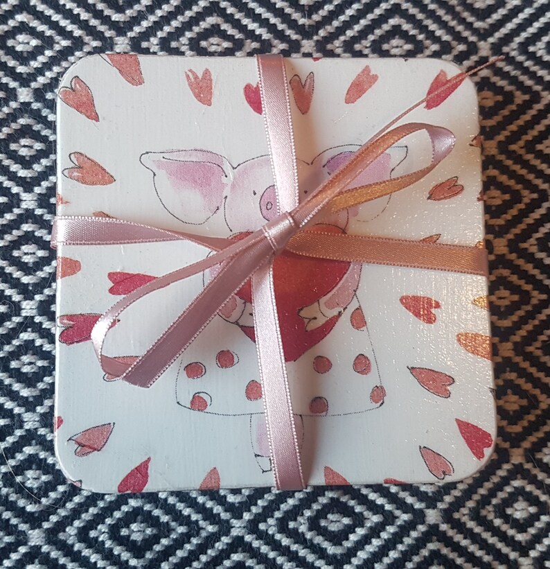 Decoupage Piggy Love Design Square Cork Coaster Pair