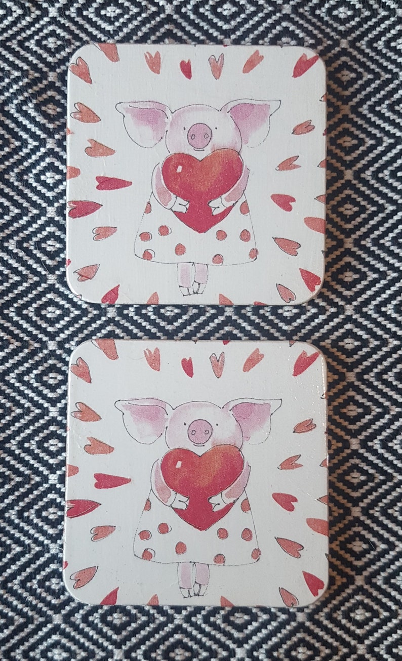 Decoupage Piggy Love Design Square Cork Coaster Pair
