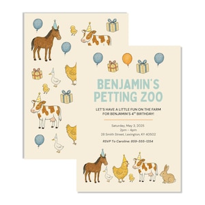 Petting Zoo Birthday Invitation Template: Farm Animal Party (Canva Editable, 5x7, Digital Download