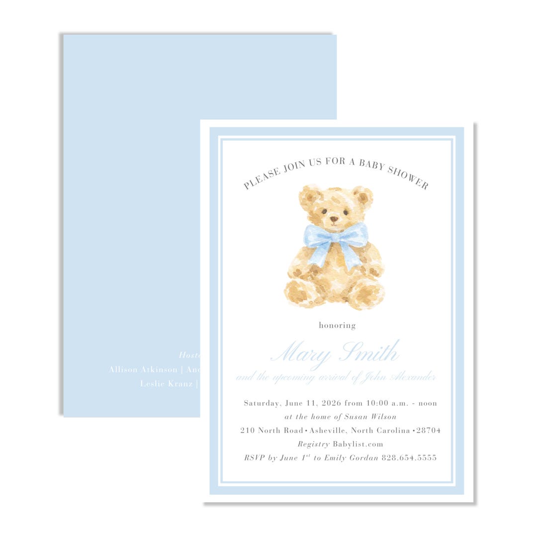 Blue Teddy Bear Baby Shower Invitation Template | Boy Shower Invite ...