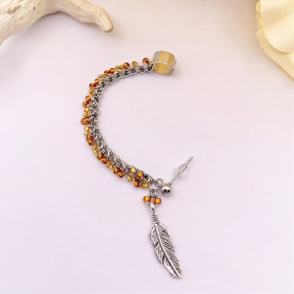 Silver Feather Ear Cuff and Chain with Gold and Amber Beads