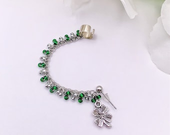 Silver Four Leaf Clover Ear Cuff and Chain with Green and Silver Beads