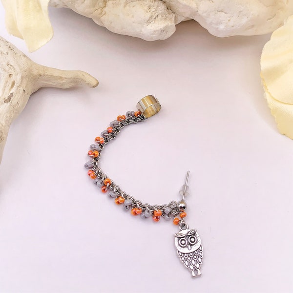 Silver Owl Ear Cuff and Chain with Grey and Orange Beads