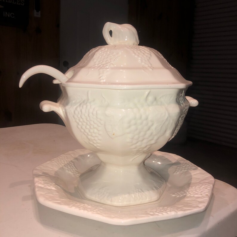 Vintage grape print soup tureen with lid ladle and underplate Etsy
