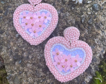 Embroidered Sequin Beaded Pink Heart Earrings ~ Coquette Kitsch Chunky Bold Statement Dangle  ~ Vintage Aesthetic ~ Seed Beads