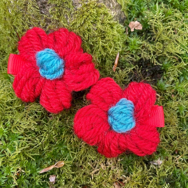Set of 2 Red Flower Hair Clips ~ Cute Girls Hair Charms ~ Wool Fabric Knit DIY Barrette ~Red Flower Hair Clip ~ Cottagecore ~ Fae Hair