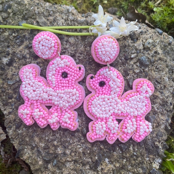 Embroidered Beaded Pink Poodle Earrings ~ Coquette Kitsch Chunky Bold Dangle  ~ Vintage Aesthetic