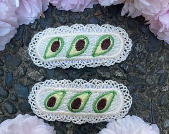 Set of 2 Embroidered Avocado Hair Clips with A Lace Trim~ Cute Girls Hair Charms ~ Green Barrette ~ Kids Retro Hair ~ Fabric Hair Clip