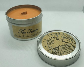 The Tavern - Soy Scented Candle with Wood Wick - Crackling Tin - Dungeons and Dragons, Fantasy and RPG Inspired