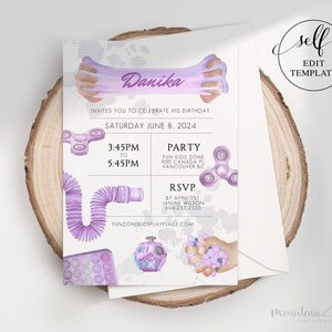 May include: Purple and white birthday party invitation with the name "Danika" and a watercolor illustration of slime, a pop-it, a fidget spinner, and a slinky. The invitation includes the date, time, and location of the party.