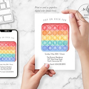 May include: A digital invitation for a birthday party featuring a rainbow pop-it toy design. The invitation reads "Pop on over for a birthday bash" and includes the date, time, location, and RSVP details.