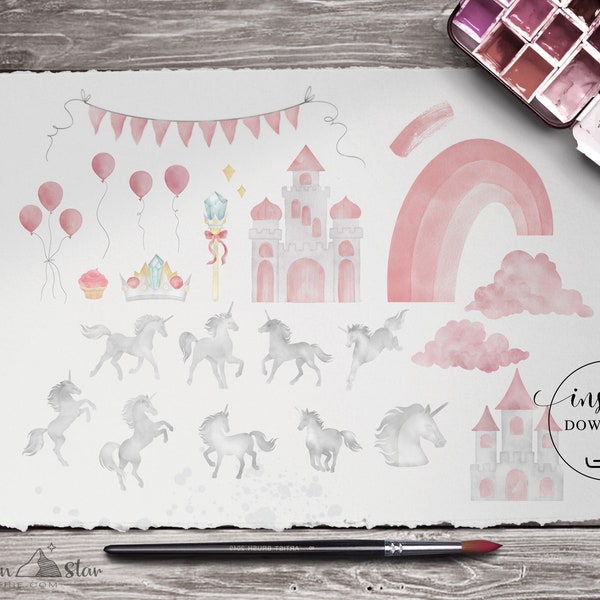 PNG → Unicorn Watercolour Graphics Set (Free for commercial use included)