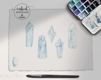 May include: A watercolour painting of five blue crystals on a white background. The crystals are in various shapes and sizes. A paintbrush and a watercolour palette are also visible in the image.