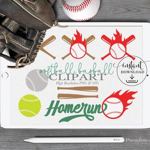 May include: Digital clipart set with baseball and softball graphics. Includes baseballs, bats, and flaming baseballs in red and brown. Text includes "softball baseball clipart" and "Homerun".