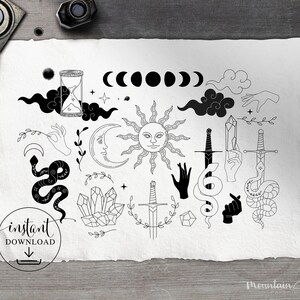 png • svg • eps • dxf → Hemelse clipart-afbeeldingen instellen; Zodiac, Snakes, Mystic Hands, Gems, Swords, Sun & Moon (gratis voor commercieel gebruik)